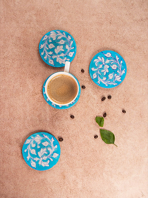 Blue Pottery Turquoise Base White Flower Coasters Set Of 4pcs.